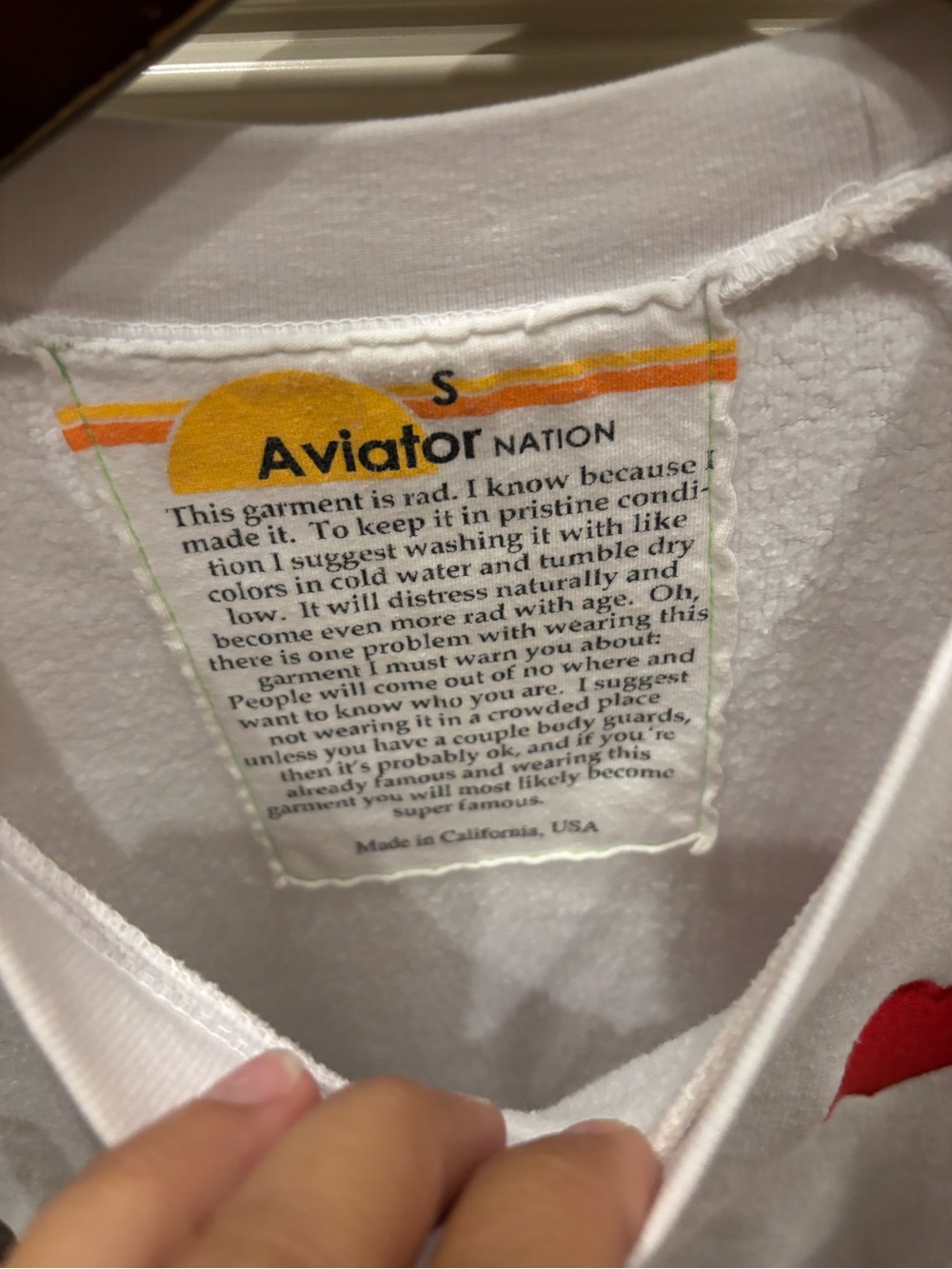 Aviator Nation White Cropped Crewneck with Red Heart Patch - Picture 4 of 7